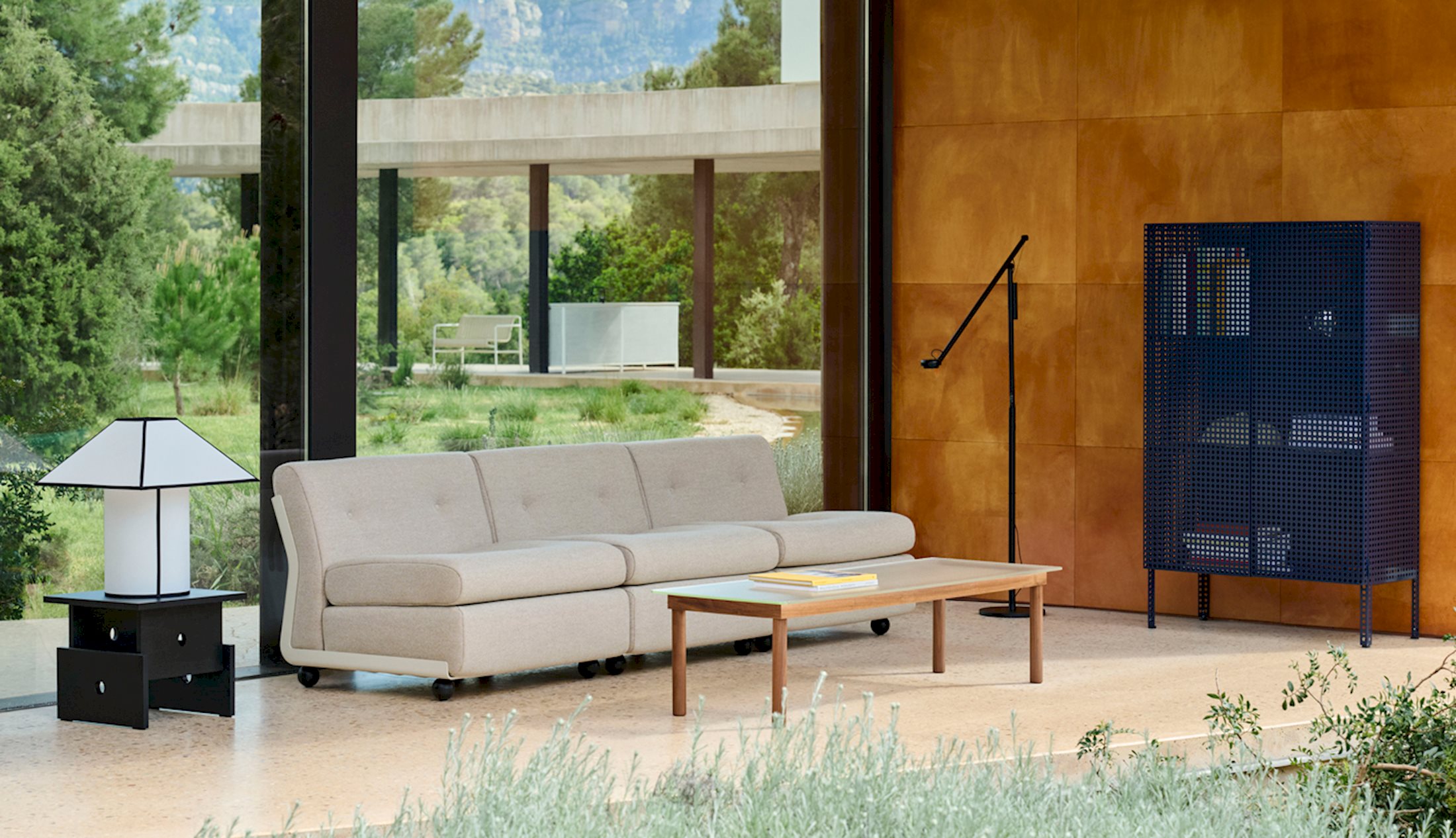 Amanta 3 Seater / Wood Box Coffee Table / Perforated Cabinet Floor / Kofi Coffee Table / Ava Pyramid Table Lamp
