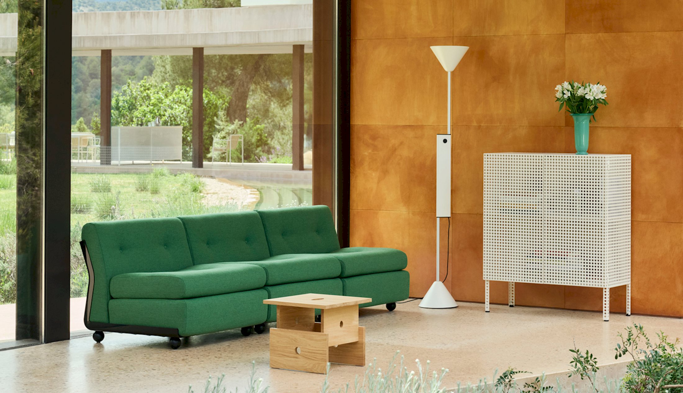 Amanta 3 Seater / Wood Box Coffee Table / Twist Floor Lamp / Perforated Cabinet Floor