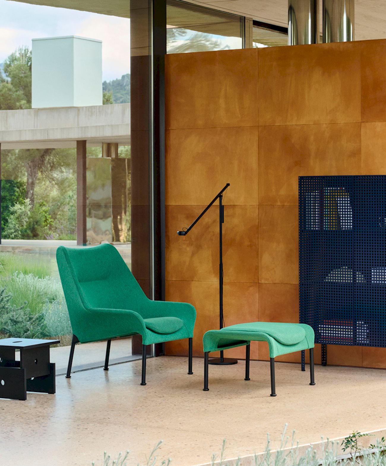 O2 Lounge Chair / O2 Ottoman / Fifty-Fifty Floor Lamp / Perforated Cabinet Floor