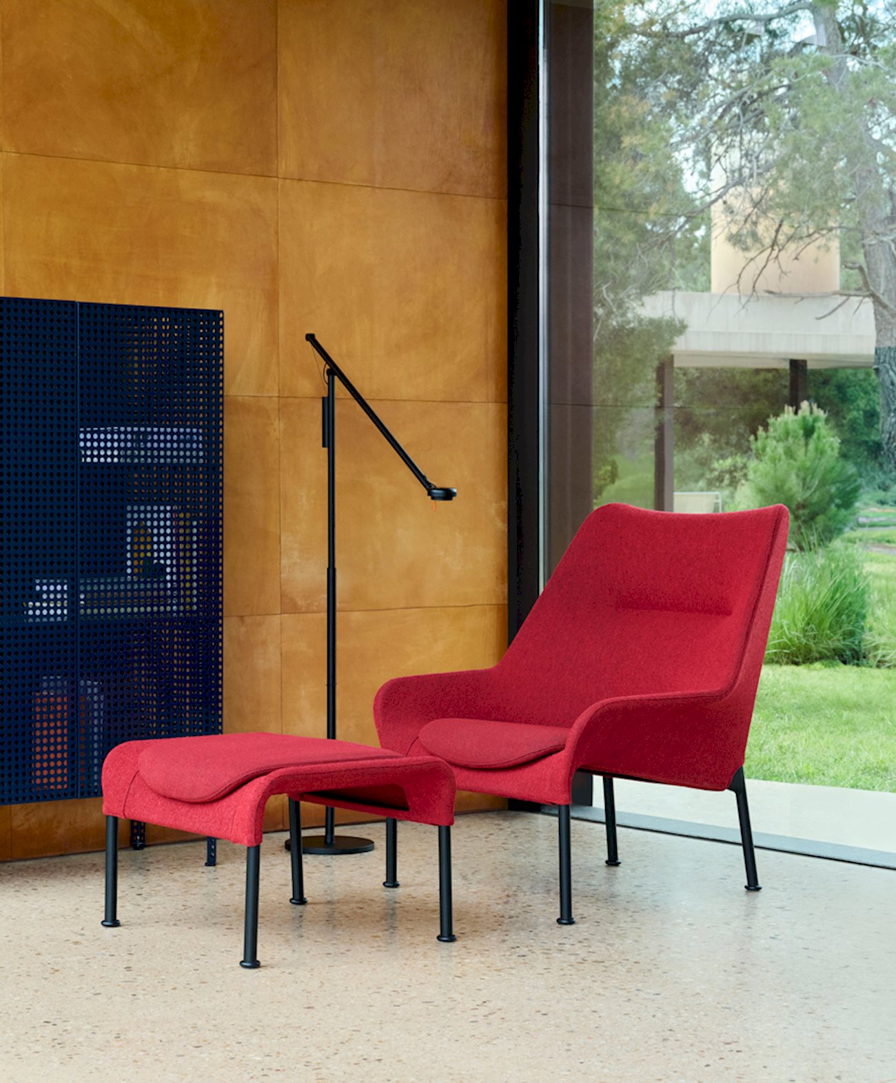 O2 Lounge Chair / O2 Ottoman / Fifty-Fifty Floor Lamp / Perforated Cabinet Floor