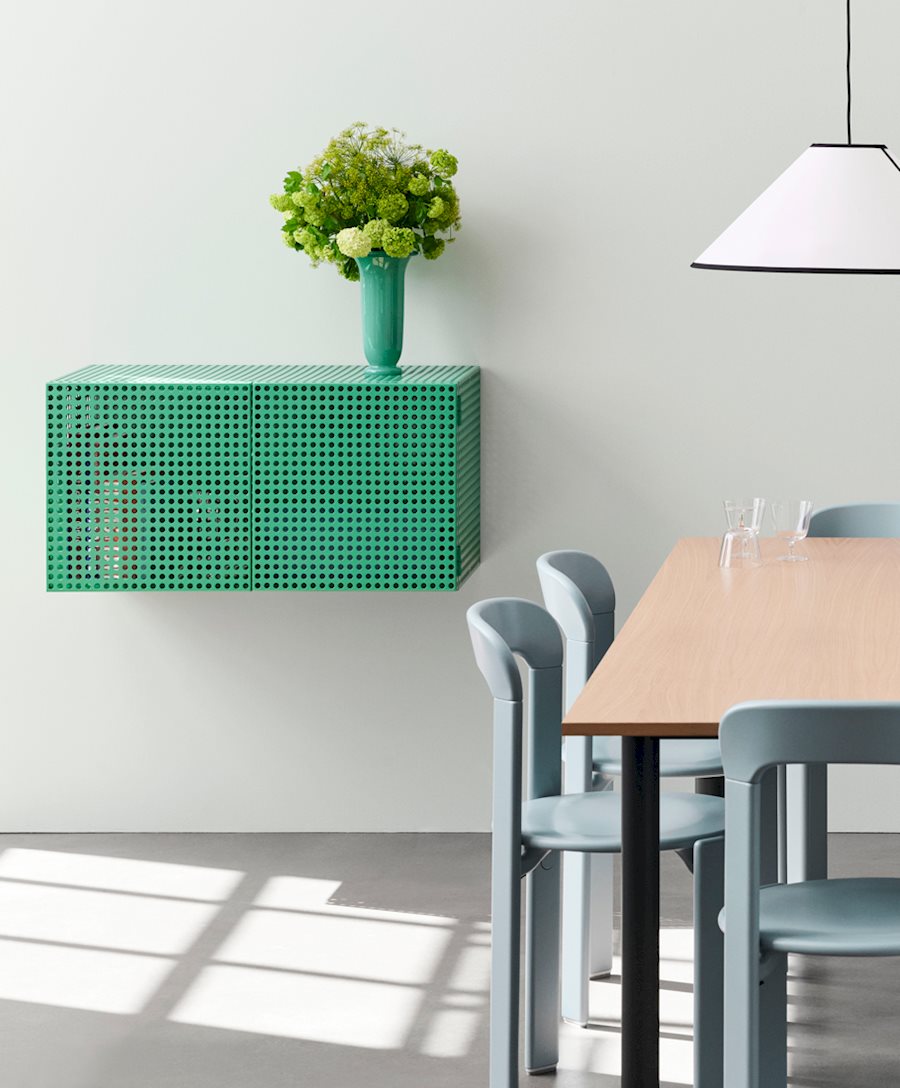 Perforated Cabinet Wall / Rey Chair / Ava Cone Pendant / Annex Table Overhang