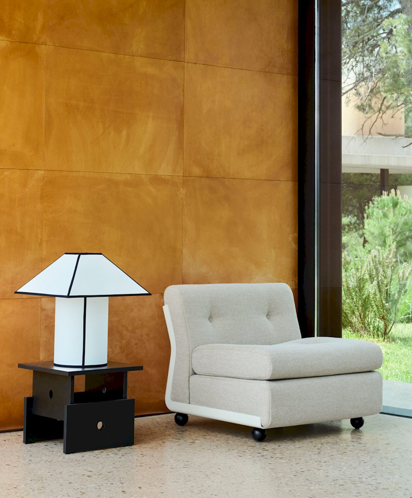 Wood Box Coffee Table / Amanta 1 Seater / Ava Pyramid Table Lamp